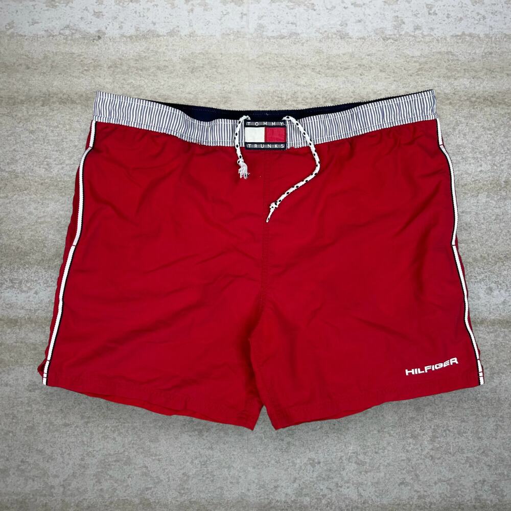 Vintage Y2K Tommy Hilfiger Swim Shorts Mens M Crimson Red White Spellout Logo